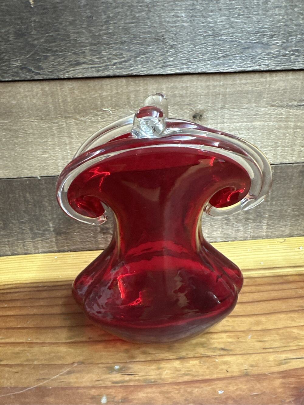 Art Glass Red Coin Purse Vase 7”